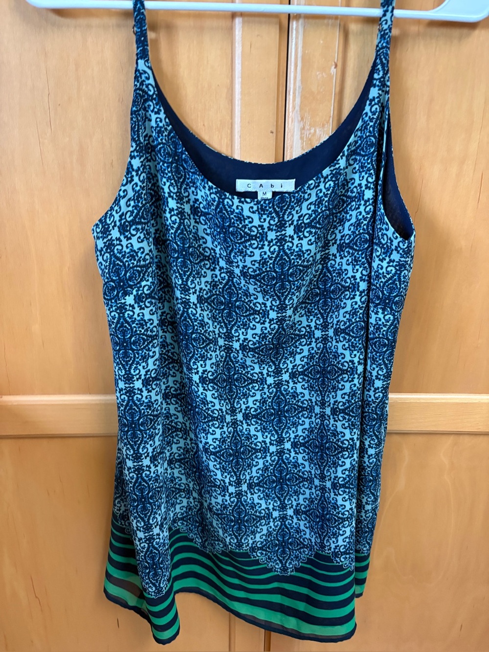 CAbi Navy Blue Green Geometric Camisole Shirt, very flowy, adjustable straps